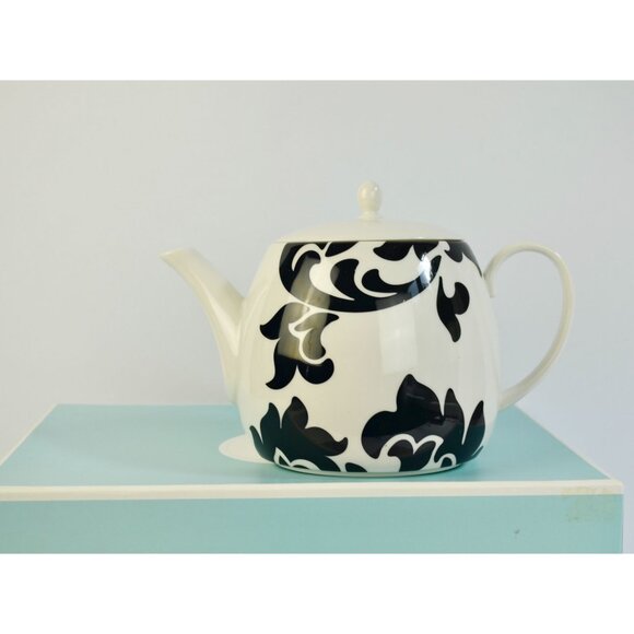 Martha Stewart Tea for Two Lisbon Black White Teapot Saucers Teacups NEW - Picture 2 of 7